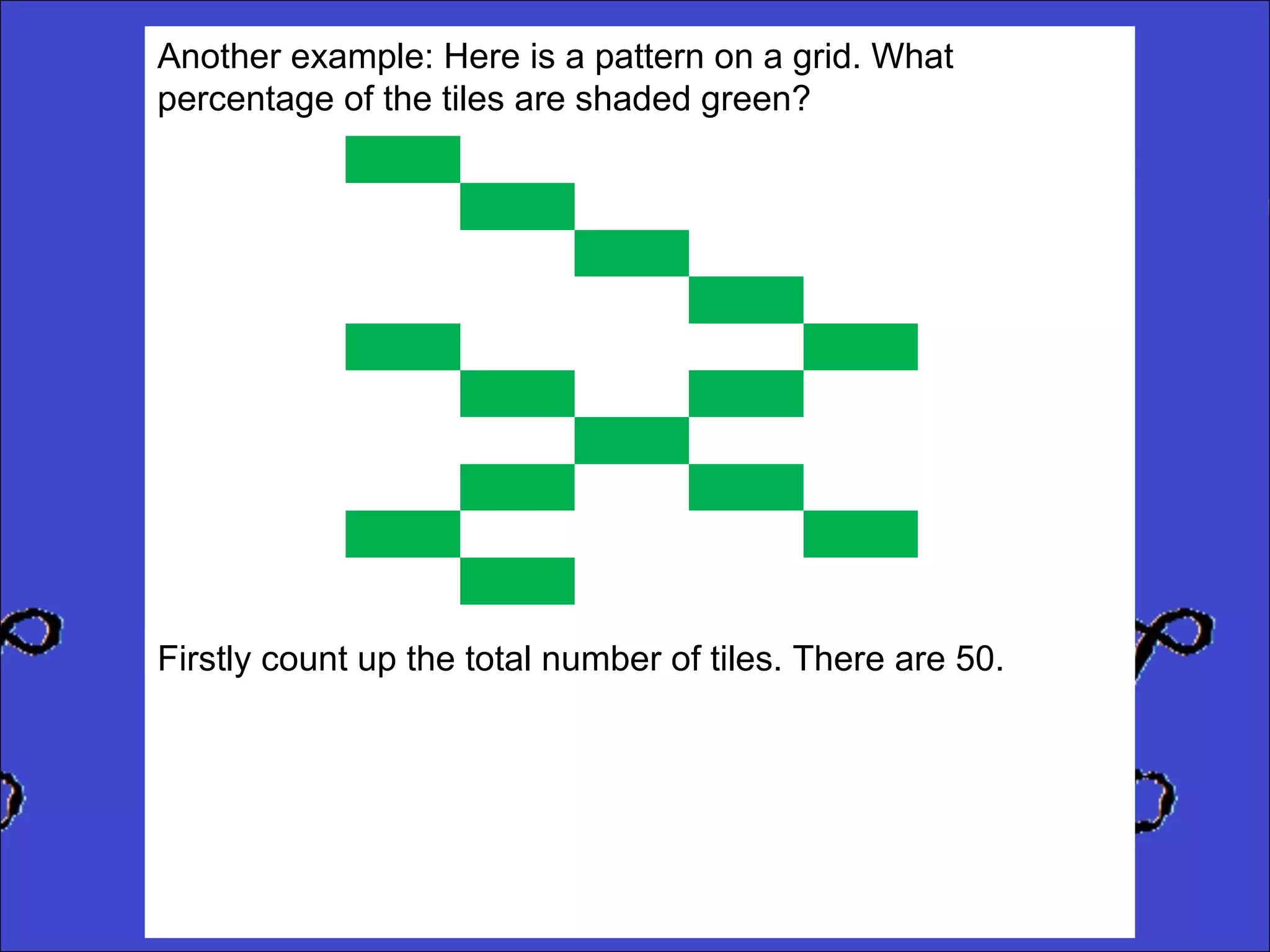 Another example: Here is a pattern on a grid. What
percentage of the tiles are shaded green?

Firstly count up the total number of tiles. There are 50.

 