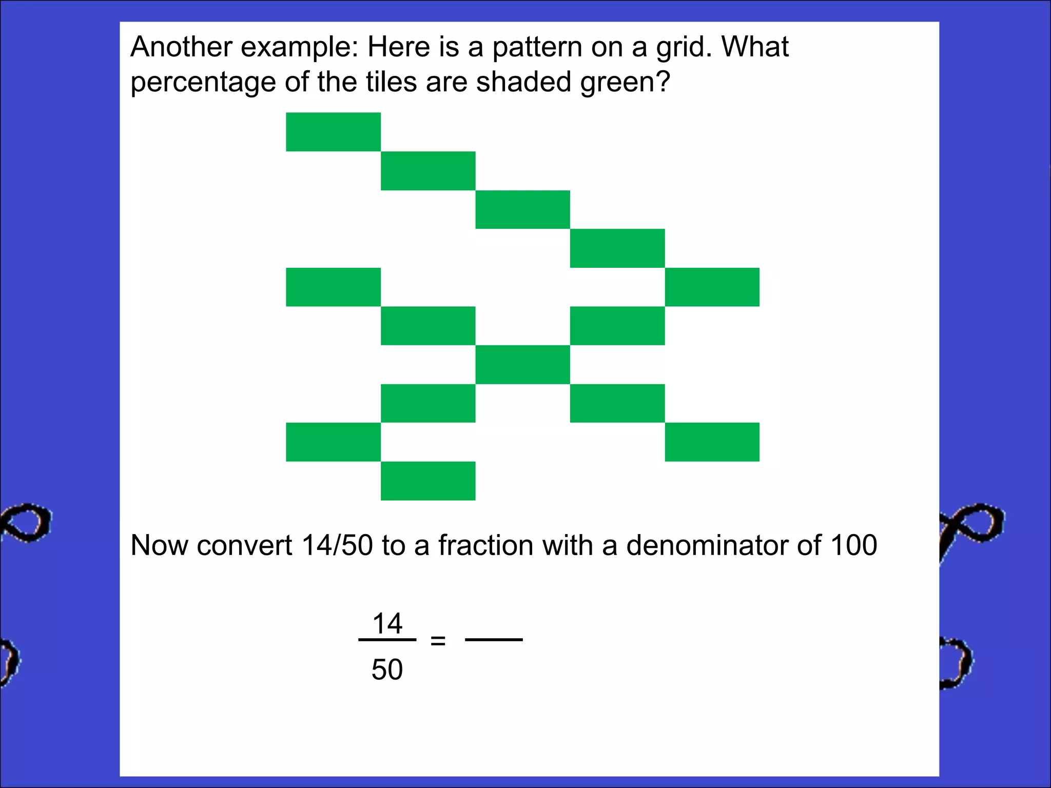 Another example: Here is a pattern on a grid. What
percentage of the tiles are shaded green?

Now convert 14/50 to a fraction with a denominator of 100
14
50

=

 