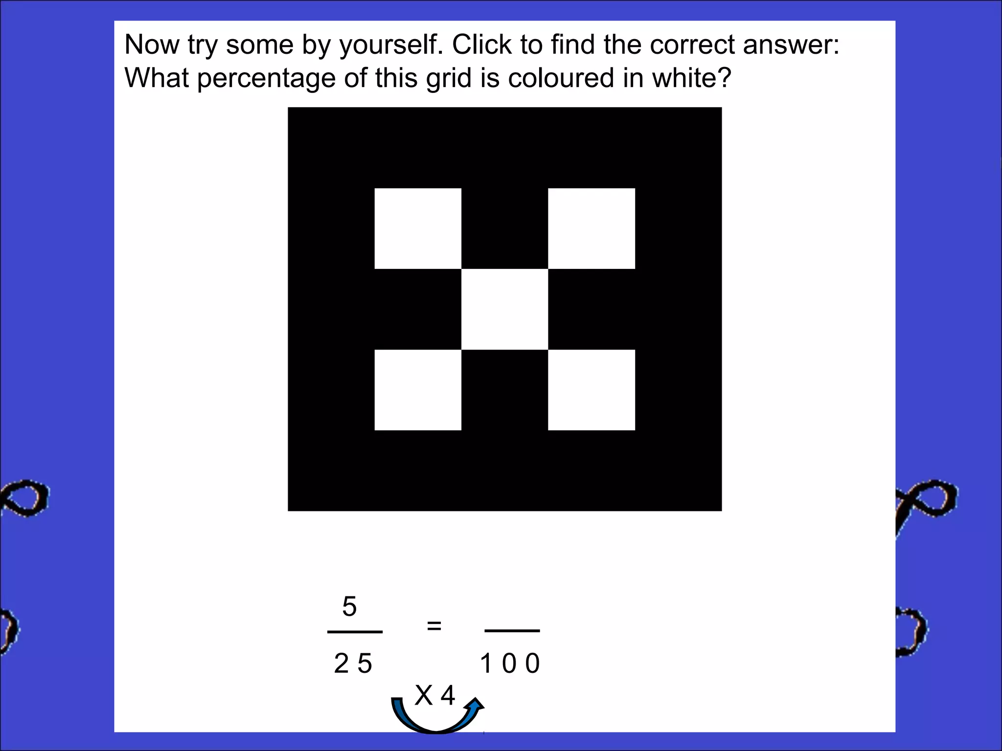 Now try some by yourself. Click to find the correct answer:
What percentage of this grid is coloured in white?

5

=

25

100
X4

 