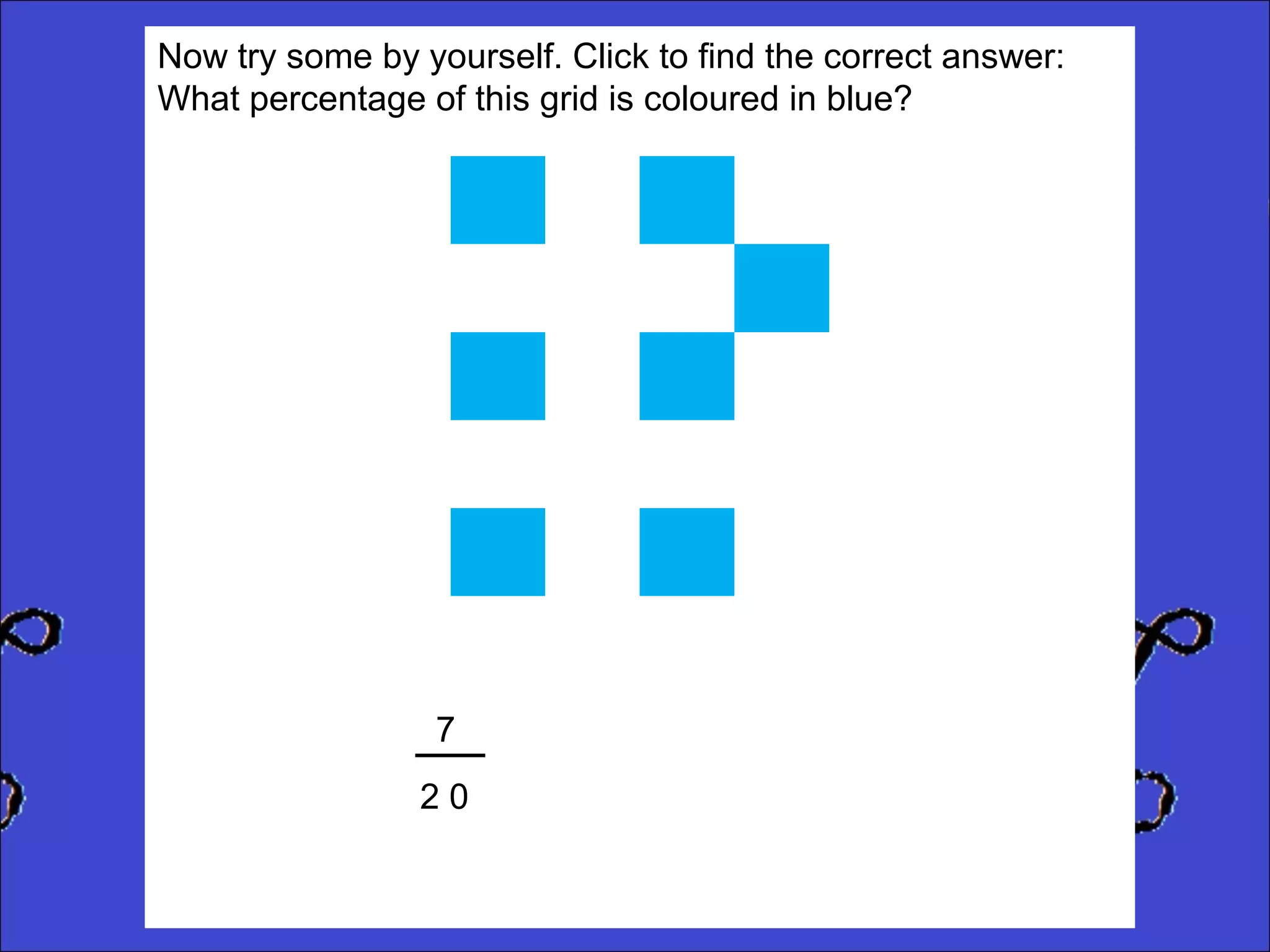 Now try some by yourself. Click to find the correct answer:
What percentage of this grid is coloured in blue?

7
20

 