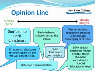Opinion Line
Strongly
Agree
Strongly
Disagree
Don’t smile
until
Christmas.
Badly behaved
children get all the
treats.
Teacher training
adequately prepares
us to manage
challenging behaviour.
If I make an allowance
for one student all the
rest will expect it too..
Some
children are
just naughty.
SEMH (Social
emotional mental
health) Needs
should be
considered a
Special
Educational Need.
Behaviour is communication.
 