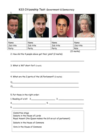 KS3 Citizenship Test: Government & Democracy
  1.




Name                     Name                  Name                       Name
Job title                Job title             Job title                  Job title
Party                    Party                 Party                      Role
                                                                      (11 marks)
  2. How did the 4 people above get their jobs? (2 marks)




  3. What is ‘M.P’ short for?    (1 mark)


  _______________________________________________________

  4. What are the 2 parts of the UK Parliament? (3 marks)

  1)_____________________________________________________

  2)_____________________________________________________



  5. Put these in the right order:

  1. Reading of a bill     2.___________________ 3. ____________________

  4.___________________________ 5. ____________________________

  6. ________________________________________________________

       Committee stage
       Debate in the House of Lords
       Royal Assent (the Queen makes the bill an act of parliament)

       Debate in the House of Commons

       Vote in the House of Commons
 