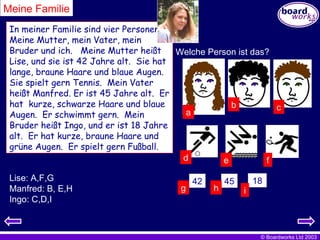 Meine Familie In meiner Familie sind vier Personen:  Meine Mutter, mein Vater, mein Bruder und ich.  Meine Mutter heißt Lise, und sie ist 42 Jahre alt.  Sie hat lange, braune Haare und blaue Augen.  Sie spielt gern Tennis.  Mein Vater heißt Manfred. Er ist 45 Jahre alt.  Er hat  kurze, schwarze Haare und blaue Augen.  Er schwimmt gern.  Mein Bruder heißt Ingo, und er ist 18 Jahre alt.  Er hat kurze, braune Haare und grüne Augen.  Er spielt gern Fußball. Welche Person ist das? 42 45 18 a b c d e f g h i Lise: A,F,G Manfred: B, E,H Ingo: C,D,I 