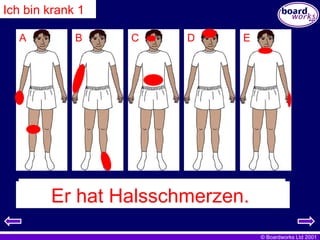 Ich bin krank 1 A Er hat Bauchschmerzen. Er hat Kopfschmerzen. Sein Knie tut weh. Sein Fuß tut weh. Seine Hand tut weh. Sein Finger tut weh. Sein Arm tut weh. Er hat Augenschmerzen. Er hat Halsschmerzen. B C D E 
