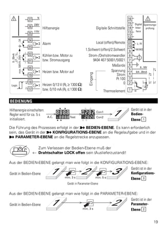 Hilfsenergie Digitale Schnittstelle 
Alarm Local (offen)/Remote 
1.Sollwert (offen)/2.Sollwert 
Kühlen bzw. Motor zu 
bzw. Stromausgang 
Strom-/Drehstromwandler 
9404 407 50001/50021 
Meßerde 
Heizen bzw. Motor auf 
Eingang 
Spannung 
Strom 
Pt 100 
Heizen 0/13 V (RL ? 1300 [) 
bzw. 0/10 mA (RL ß 1300 [) 
0 
Thermoelement 
BEDIENUNG 
Hilfsenergie einschalten: 
Regler wird für ca. 5 s 
initialisiert. 
Gerät ist in der 
Bedien- 
Ebene 1 
Die Führung des Prozesses erfolgt in der p BEDIEN-EBENE. Es kann erforderlich 
sein, das Gerät in der p KONFIGURATIONS-EBENE an die Regelaufgabe und in der 
p PARAMETER-EBENE an die Regelstrecke anzupassen. 
Zum Verlassen der Bedien-Ebene muß der 
t Drahtschalter LOCK offen sein (Auslieferzustand)! 
Aus der BEDIEN-EBENE gelangt man wie folgt in die KONFIGURATIONS-EBENE: 
Gerät in Bedien-Ebene 
Gerät ist in der 
Konfigurations- 
Ebene 3 
Gerät in Parameter-Ebene 
Aus der BEDIEN-EBENE gelangt man wie folgt in die PARAMETER-EBENE: 
Gerät in Bedien-Ebene 
Gerät ist in der 
Parameter- 
Ebene 2 
19 
 