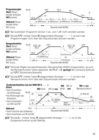 Programmregler 
Start: Steuer-kontakt 
schließen. 
W2 leuchtet. 
Abbruch: Steuer-kontakt 
öffnen. 
W2 ist aus. Steuerkontakt W/W2 
+Bei laufendem Programm können InL und InH nicht verstellt werden. 
+Wurde SP2 mittels Taste D abgeschaltet (Anzeige ’----’), so kann der 
Programmregler nicht über den Steuerkontakt aktiviert werden. 
Rampenfunktion 
Start: Steuer-kontakt 
schließen. 
W2 leuchtet. 
Unterbrechung 
Abbruch: Steuer- der 
kontakt öffnen. Hilfsenergie 
W2 ist aus. Steuerkontakt W/W2 
+Wird der Regler bei geschlossenem Steuerkontakt W/W2 eingeschaltet, so wird 
die Rampenfunktion sofort gestartet. Bei Pt2 = 0 springt der wirksame Sollwert 
auf SP2 (Sicherheits-Sollwert). 
+Wurde SP2 mittels Taste D abgeschaltet (Anzeige ’----’), so kann die 
Rampenfunktion nicht über den Steuerkontakt aktiviert werden. 
Gradientenfunktion (nur bei 9404 407 6....) W2 
blinkt 
W2 ist 
aus 
W2 ist ein 
Start: 
W2 blinkt W2 ist aus 
(Rampenfunktion) w beim Einschalten 
der Hilfsenergie 
w bei Änderungen des 
Sollwertes 
w beim Umschalten 
von W2 nach W 
Abbruch: Start 
w beim Erreichen des Sollwertes Steuerkontakt W/W2 
w beim Umschalten von W auf W2 
+Wurde Gr mittels Taste D abgeschaltet (Anzeige ’----’), so ist die 
Gradientenfunktion außer Betrieb. 
23 
 