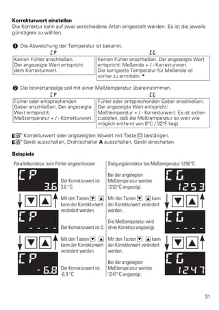 Korrekturwert einstellen 
Die Korrektur kann auf zwei verschiedene Arten eingestellt werden. Es ist die jeweils 
günstigere zu wählen. 
1 Die Abweichung der Temperatur ist bekannt. 
CP CG 
Keinen Fühler anschließen. 
Der angezeigte Wert entspricht 
dem Korrekturwert. 
Keinen Fühler anschließen. Der angezeigte Wert 
entspricht: Meßende + / - Korrekturwert. 
Die korrigierte Temperatur für Meßende ist 
vorher zu ermitteln. * 
2 Die Istwertanzeige soll mit einer Meßtemperatur übereinstimmen. 
CP CG 
Fühler oder entsprechenden 
Geber anschließen. Der angezeigte 
Wert entspricht: 
Meßtemperatur + / - Korrekturwert. 
Fühler oder entsprechenden Geber anschließen. 
Der angezeigte Wert entspricht: 
Meßtemperatur + / - Korrekturwert. Es ist sicher-zustellen, 
daß die Meßtemperatur so weit wie 
möglich entfernt von 0°C / 32°F liegt. 
+Korrekturwert oder angezeigten Istwert mit Taste M bestätigen. 
+Gerät ausschalten, Drahtschalter A ausschalten, Gerät einschalten. 
Beispiele 
Parallelkorrektur, kein Fühler angeschlossen Steigungskorrektur bei Meßtemperatur 1250°C 
Der Korrekturwert ist 
3,6 °C. 
Bei der angelegten 
Meßtemperatur werden 
1253°C angezeigt. 
Mit den Tasten D I 
kann der Korrekturwert 
verändert werden. 
Mit den Tasten D I kann 
der Korrekturwert verändert 
werden. 
Der Korrekturwert ist 0. 
Die Meßtemperatur wird 
ohne Korrektur angezeigt. 
Mit den Tasten D I 
kann der Korrekturwert 
verändert werden. 
Mit den Tasten D I kann 
der Korrekturwert verändert 
werden. 
Der Korrekturwert ist 
-6,8 °C 
Bei der angelegten 
Meßtemperatur werden 
1247°C angezeigt. 
31 
 