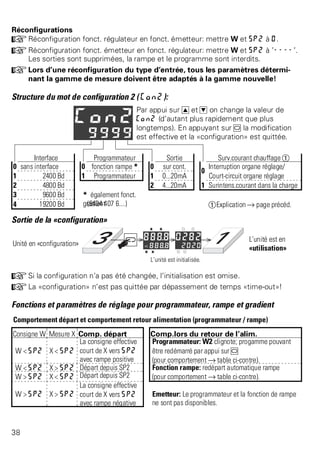 Réconfigurations 
+Réconfiguration fonct. régulateur en fonct. émetteur: mettre W et SP2 à 0. 
+Réconfiguration fonct. émetteur en fonct. régulateur: mettre W et SP2 à ’----’. 
Les sorties sont supprimées, la rampe et le programme sont interdits. 
+Lors d’une réconfiguration du type d’entrée, tous les paramètres détermi-nant 
la gamme de mesure doivent être adaptés à la gamme nouvelle! 
Structure du mot de configuration 2 ( Con2): 
Par appui sur I et D on change la valeur de 
Con2 (d’autant plus rapidement que plus 
longtemps). En appuyant sur M la modification 
est effective et la «configuration» est quittée. 
Interface Programmateur Sortie Surv.courant chauffage Ü 
0 sans interface 0 fonction rampe * 0 sur cont. 
0 
Interruption organe réglage/ 
1 2400 Bd 1 Programmateur 1 0...20mA Court-circuit organe réglage 
2 4800 Bd 2 4...20mA 1 Surintens.courant dans la charge 
3 9600 Bd * également fonct. 
4 19200 Bd gr(a9d4i0e4n t4 07 6....) ÜExplication Ä page précéd. 
Sortie de la «configuration» 
Unité en «configuration» 
L’unité est en 
«utilisation» 
L’unité est initialisée. 
+Si la configuration n’a pas été changée, l’initialisation est omise. 
+La «configuration» n’est pas quittée par dépassement de temps «time-out»! 
Fonctions et paramètres de réglage pour programmateur, rampe et gradient 
Comportement départ et comportement retour alimentation (programmateur / rampe) 
Consigne W Mesure X Comp. départ Comp.lors du retour de l’alim. 
W < SP2 X < SP2 
La consigne effective 
court de X vers SP2 
avec rampe positive 
Programmateur: W2 clignote; progamme pouvant 
être redémarré par appui sur M 
(pour comportement Ä table ci-contre). 
W < SP2 X > SP2 Départ depuis SP2 Fonction rampe: redépart automatique rampe 
W > SP2 X < SP2 Départ depuis SP2 (pour comportement Ä table ci-contre). 
W > SP2 X > SP2 
La consigne effective 
court de X vers SP2 
avec rampe négative 
Emetteur: Le programmateur et la fonction de rampe 
ne sont pas disponibles. 
38 
 