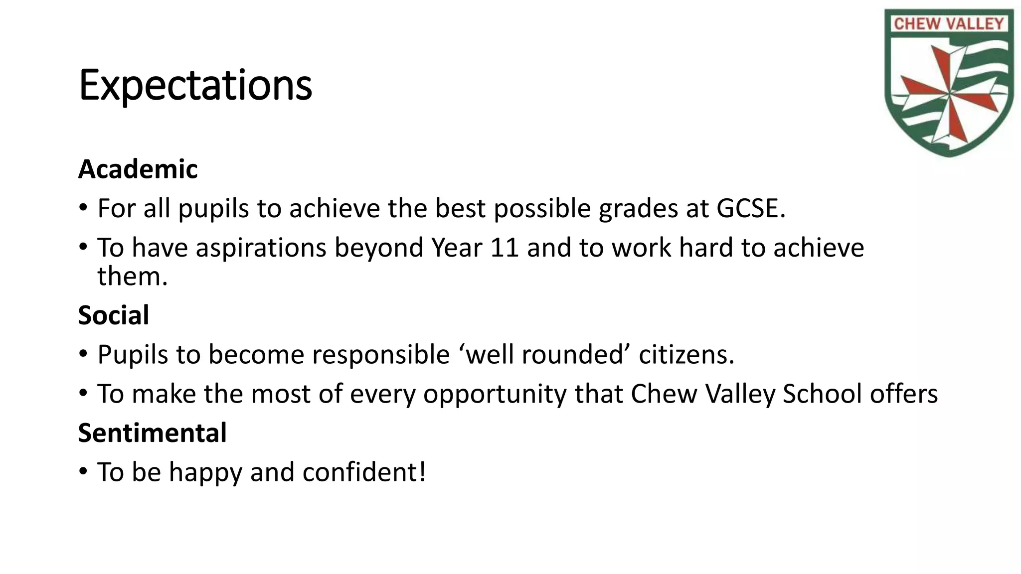 Expectations
Academic
• For all pupils to achieve the best possible grades at GCSE.
• To have aspirations beyond Year 11 and to work hard to achieve
them.
Social
• Pupils to become responsible ‘well rounded’ citizens.
• To make the most of every opportunity that Chew Valley School offers
Sentimental
• To be happy and confident!
 