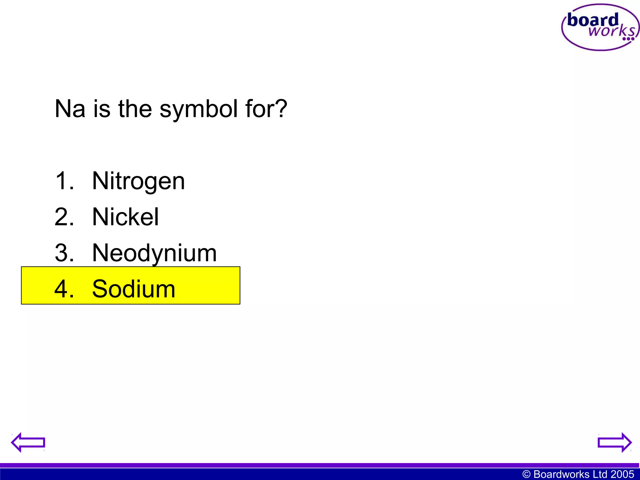 Na is the symbol for?
1.
2.
3.
4.

Nitrogen
Nickel
Neodynium
Sodium

© Boardworks Ltd 2005

 