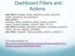 Dashboard Filters and
Actions
add_filter('manage_rotary_speakers_posts_columns' ,
'rotary_speakers_cpt_columns');
add_acti...