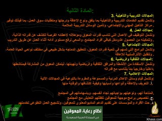 Khass.com المادة الثانية :   3.  المجالات التدريبية والتأهيلية : وتشمل تقديم الخدمات التدريبية والتأهيلية بما يتفق ونوع الإعاقة ودرجتها ومتطلبات سوق العمل، بما فيذلك توفير مراكز التأهيل المهني والإجتماعي، وتأمين الوسائل التدريبية الملائمة .  4.  مجالات العمل :   وتشمل التوظيف في الأعمال التي تناسب قدرات المعوق ومؤهلاته لإعطائه الفرصة للكشف عن قدراته الذاتية، ولتمكينه من الحصول علىدخل كباقي أفراد المجتمع، والسعي لرفع مستوى أدائه أثناء العمل عن طريق التدريب .  5.  المجالات الاجتماعية : وتشمل البرامج التي تسهم في تنمية قدرات المعوق، لتحقيق إندماجه بشكل طبيعي في مختلف نواحي الحياة العامة، ولتقليل الآثارالسلبية للإعاقة .  6.  المجالات الثقافية والرياضية :   وتشمل الاستفادة من الأنشطة والمرافق الثقافية والرياضية وتهيئتها، ليتمكن المعوق من المشاركة فيمناشطها داخلياً وخارجياً بما يتناسب مع قدراته . 7.  المجالات الإعلامية : وتشمل قيام وسائل الإعلام المرئية والمسموعة والمقروءة بالتوعية في المجالات الآتية : ‌ أ .  التعريف بالإعاقة وأنواعها وأسبابها وكيفية إكتشافها والوقاية منها   .  ‌ ب .  تعزيز مكان المعوقين في المجتمع، والتعريف بحقوقهم واحتياجاتهم، وقدراتهم، وإسهاماتهم، وبالخدمات المتاحة لهم، وتوعيتهم بواجباتهم تجاه أنفسهم، وبإسهاماتهم في المجتمع . ‌ ج .  تخصيص برامج موجهة للمعوقين تكفللهم التعايش مع المجتمع . ‌ د .  حث الأفراد والمؤسسات على تقديم الدعم الماديوالمعنوي للمعوقين، وتشجيع العمل التطوعي لخدمتهم . 