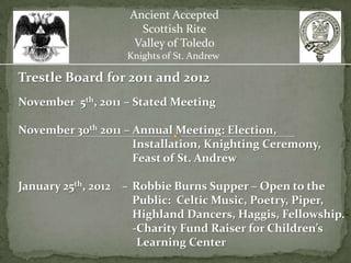 Ancient Accepted
                     Scottish Rite
                    Valley of Toledo
                   Knights of St. Andrew

Trestle Board for 2011 and 2012
November 5th, 2011 – Stated Meeting

November 30th 2011 – Annual Meeting: Election,
                     Installation, Knighting Ceremony,
                     Feast of St. Andrew

January 25th, 2012 – Robbie Burns Supper – Open to the
                     Public: Celtic Music, Poetry, Piper,
                     Highland Dancers, Haggis, Fellowship.
                     -Charity Fund Raiser for Children’s
                      Learning Center
 