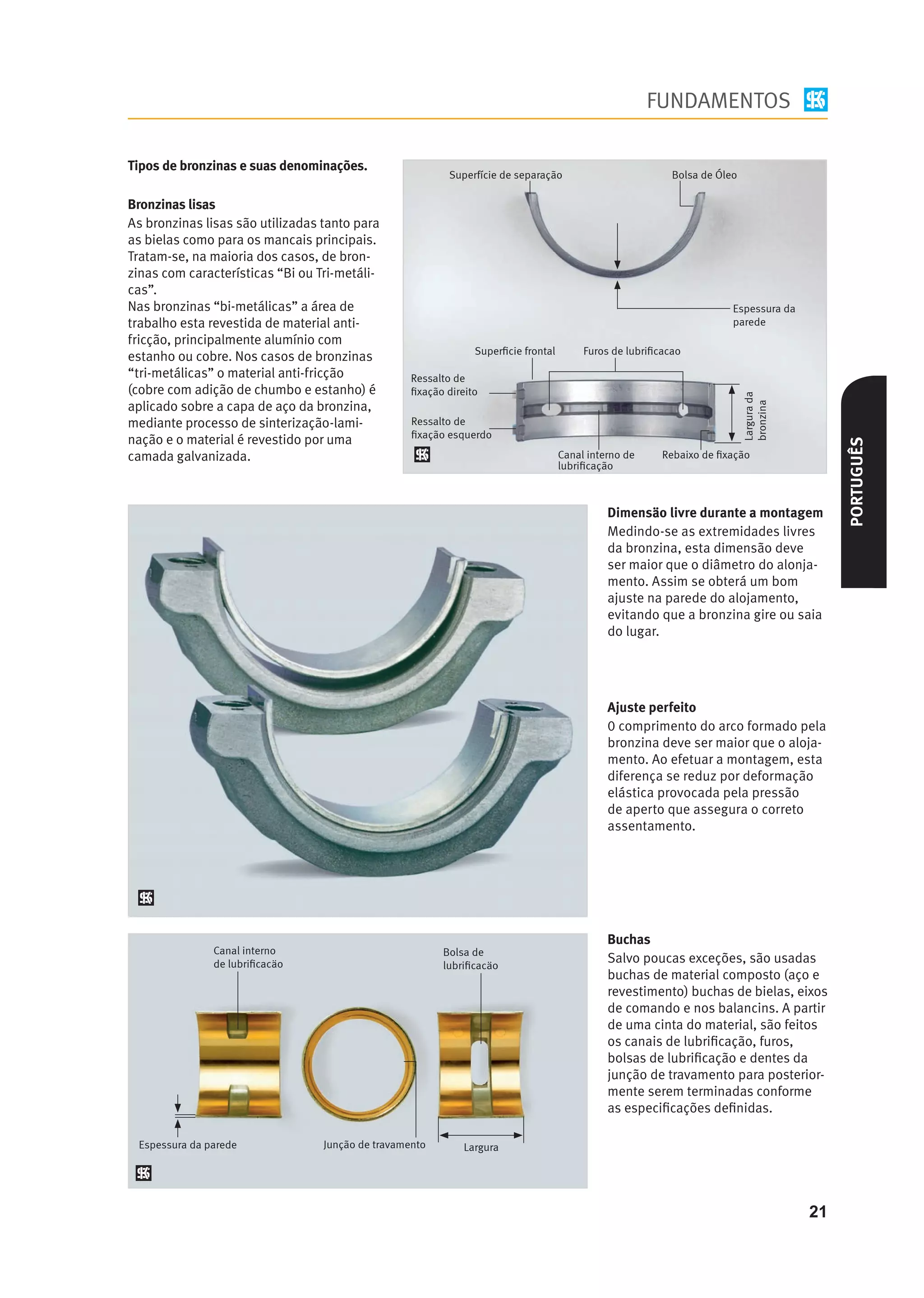 FUNDAMENTOS

Tipos de bronzinas e suas denominações.
                                                           Superfície de separação                         Bolsa de Óleo

Bronzinas lisas
As bronzinas lisas são utilizadas tanto para
as bielas como para os mancais principais.
Tratam-se, na maioria dos casos, de bron-
zinas com características “Bi ou Tri-metáli-
cas”.
Nas bronzinas “bi-metálicas” a área de                                                                                 Espessura da
trabalho esta revestida de material anti-                                                                              parede
fricção, principalmente alumínio com
                                                                Superﬁcie frontal        Furos de lubriﬁcacao
estanho ou cobre. Nos casos de bronzinas
“tri-metálicas” o material anti-fricção            Ressalto de
(cobre com adição de chumbo e estanho) é           ﬁxação direito




                                                                                                                           Largura da
                                                                                                                           bronzina
aplicado sobre a capa de aço da bronzina,
mediante processo de sinterização-lami-            Ressalto de
                                                   ﬁxação esquerdo
nação e o material é revestido por uma




                                                                                                                                             PORTUGUÊS
camada galvanizada.                                                                 Canal interno de     Rebaixo de ﬁxação
                                                                                    lubriﬁcação



                                                                                              Dimensäo livre durante a montagem
                                                                                              Medindo-se as extremidades livres
                                                                                              da bronzina, esta dimensão deve
                                                                                              ser maior que o diâmetro do alonja-
                                                                                              mento. Assim se obterá um bom
                                                                                              ajuste na parede do alojamento,
                                                                                              evitando que a bronzina gire ou saia
                                                                                              do lugar.




                                                                                              Ajuste perfeito
                                                                                              0 comprimento do arco formado pela
                                                                                              bronzina deve ser maior que o aloja-
                                                                                              mento. Ao efetuar a montagem, esta
                                                                                              diferença se reduz por deformação
                                                                                              elástica provocada pela pressão
                                                                                              de aperto que assegura o correto
                                                                                              assentamento.




                                                                                              Buchas
               Canal interno                             Bolsa de
               de lubriﬁcacäo                            lubriﬁcacäo
                                                                                              Salvo poucas exceções, são usadas
                                                                                              buchas de material composto (aço e
                                                                                              revestimento) buchas de bielas, eixos
                                                                                              de comando e nos balancins. A partir
                                                                                              de uma cinta do material, são feitos
                                                                                              os canais de lubriﬁcação, furos,
                                                                                              bolsas de lubriﬁcação e dentes da
                                                                                              junção de travamento para posterior-
                                                                                              mente serem terminadas conforme
                                                                                              as especiﬁcações deﬁnidas.

 Espessura da parede              Junção de travamento        Largura




                                                                                                                                        21
 
