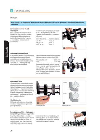 FUNDAMENTOS

            Montagem


             Após a retíﬁca do virabrequim, é necessário veriﬁcar a existência de trincas, e conferir o alinhamento e dimensões
             do mesmo.


            Controle dimensional de cada
            virabrequim                             A tolerancia maxima de circularidade
            Para diâmetro do eixo consulte as       é até 1/4 da tolerancia do eixo.
            tolerâncias indicadas no catálogo.      Tolerancia maxima cônica, convexa e
            Observando-se individualmente           côncava:
            as tolerâncias dos colos (munhão        Diametro (mm)       Tolerancia (μm)
            e moente) sua circularidade e
                                                    até 30              max. 3
            paralelismo.
                                                    de 30 a 50          max. 5
                                                    mais de 50          max. 7
PORTUGUÊS




            Controle de concentricidade
            É necessário veriﬁcar concentricidade   Desalinhamento permissível nos colos
            do virabrequim recondicionado,          das bronzinas principais (munhão):
            especialmente após o tratamento
                                                    Mancal adjacente            0,005 mm
            térmico. A concentricidade é medida
                                                    Total                        0,01 mm
            apoiando-se o virabrequim nos
            mancais das extremidades.               Estas tolerâncias são valores orienta-
                                                    tivos a não ser que o fabricante tenha
                                                    especiﬁcado outros valores.
                                                    Os colos das bielas (moentes), devem
                                                    estar paralelos aos munhões adjacen-
                                                    tes em até 0,015 mm.




            Controle dos raios
                                                                                              correto
            As medidas dos raios devem corres-
            ponder às indicações do fabricante.
            Raios reduzidos causam ruptura do
            virabrequim e é importante ter aten-
            ção especial aos colos das bronzinas
            que são temperados. Devendo-se
                                                                                              errado
            atentar para a qualidade da superfí-
            cie e suas tolerâncias.

            Medição do raio
            Utilizar o calibre correto durante a
            medicao, não podendo apresentar
            passagem de luz.                        Controle de raios                        Medicão de raio




            Dureza da superfície — virabrequim
            temperados por inducao ou por calor
            As profundidades das camadas            colo esteja “com dureza baixa”, em
            temperadas nos virabrequins devem       consequência de um aquecimento.
            permitir a usinagem de todas as         Os virabrequins nitretados, sempre
            sub-medidas, sem alterar a quali-       devem voltar a ser tratados.
            dade da têmpera, a menos que, o

                                                                                             Controle de dureza com durômetro portatil


            26
 