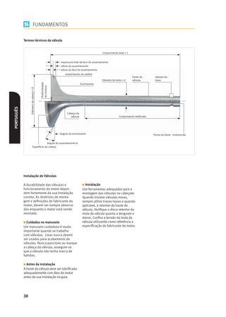 FUNDAMENTOS

            Termos técnicos da válvula


                                                                                           Comprimento total = L


                                                         espessura total da face do assentamento
                                                         altura do assentamento
                                                         altura da face do assentamento
                                                            revestimento de stellite
                                                                                                                    haste da       rebaixo da
                                                                                           Diâmetro da haste = d    válvula        trava
                                          Profundidade




                                                                           Enchimento
                                          do recesso
                 Diâmetro da cabeça = D
PORTUGUÊS




                                                              Cabeça da
                                                                 válvula                                  Comprimento retiﬁcado




                                                         ângulo do enchimento                                                     Ponta da haste - endurecida


                                     ângulo do assentamento α
                        Superfície da cabeça




            Instalação de Válvulas

            A durabilidade das válvulas e                                   Instalação
            funcionamento do motor depen-                                   Use ferramentas adequadas para a
            dem fortemente da sua instalação                                montagem das válvulas no cabeçote.
            correta. As diretrizes de monta-                                Quando instalar válvulas novas,
            gem e deﬁnições do fabricante do                                sempre utilize travas novas e quando
            motor, devem ser sempre observa-                                aplicável, o retentor da haste de
            das enquanto o motor está sendo                                 válvula. Veriﬁque o disco retentor da
            montado.                                                        mola da válvula quanto a desgaste e
                                                                            danos. Conﬁra a tensão da mola da
            Cuidados no manuseio                                          válvula utilizando como referência a
            Um manuseio cuidadoso é muito                                   especiﬁcação do fabricante do motor.
            importante quando se trabalha
            com válvulas. Lixas nunca devem
            ser usadas para acabamento de
            válvulas. Nunca puncione ou marque
            a cabeça da válvula, assegure-se
            que a válvula não tenha marca de
            batidas.

            Antes da instalação
            A haste da válvula deve ser lubriﬁcada
            adequadamente com óleo do motor
            antes da sua instalação na guia.




            30
 