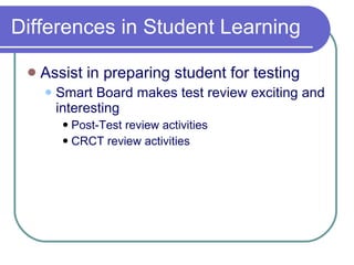 Differences in Student Learning Assist in preparing student for testing Smart Board makes test review exciting and interesting Post-Test review activities CRCT review activities 