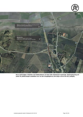 Norra stationsläget. Orthofoto med Västkustbanan och dess olika linjeelement markerade. Stationsplacering och
växlar för plattformsspår omedelbart norr om den övergångskurva som börjar vid km 59+432 (nedspår).
Lokaliseringsstudie station Väröbacka 2015-02-02 Page 18 (33)
 