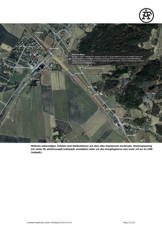 Mellersta stationsläget. Ortofoto med Västkustbanan och dess olika linjeelement markerade. Stationsplacering
och växlar för plattformsspår/mötesspår omedelbart söder om den övergångskurva som slutar vid km 61+096
(nedspår).
Lokaliseringsstudie station Väröbacka 2015-02-02 Page 19 (33)
 