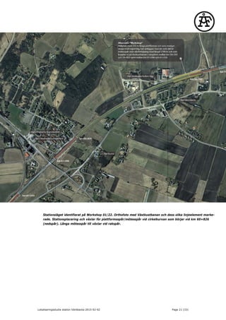 Stationsläget identifierat på Workshop 01/22. Orthofoto med Västkustbanan och dess olika linjeelement marke-
rade. Stationsplacering och växlar för plattformsspår/mötesspår vid cirkelkurvan som börjar vid km 60+826
(nedspår). Långa mötesspår till växlar vid rakspår.
Lokaliseringsstudie station Väröbacka 2015-02-02 Page 21 (33)
 