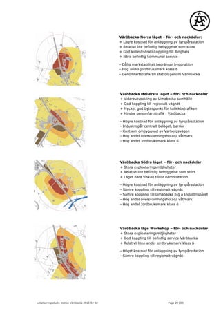 Väröbacka Norra läget – för- och nackdelar:
+ Lägre kostnad för anläggning av fyrspårsstation
+ Relativt lite befintlig bebyggelse som störs
+ God kollektivtrafikkoppling till Ringhals
+ Nära befintlig kommunal service
- Dålig markstabilitet begränsar byggnation
- Hög andel jordbruksmark klass 6
- Genomfartstrafik till station genom Väröbacka
Väröbacka Mellersta läget – för- och nackdelar
+ Vidareutveckling av Limabacka samhälle
+ God koppling till regionalt vägnät
+ Mycket god bytespunkt för kollektivtrafiken
+ Mindre genomfartstrafik i Väröbacka
- Högre kostnad för anläggning av fyrspårsstation
- Industrispår centralt beläget, barriär
- Kostsam ombyggnad av Varbergsvägen
- Hög andel översvämningshotad/ våtmark
- Hög andel Jordbruksmark klass 6
Väröbacka Södra läget – för- och nackdelar
+ Stora exploateringsmöjligheter
+ Relativt lite befintlig bebyggelse som störs
+ Läget nära Viskan tillför närrekreation
- Högre kostnad för anläggning av fyrspårsstation
- Sämre koppling till regionalt vägnät
- Sämre koppling till Limabacka p g a Industrispåret
- Hög andel översvämningshotad/ våtmark
- Hög andel Jordbruksmark klass 6
Väröbacka läge Workshop – för- och nackdelar
+ Stora exploateringsmöjligheter
+ God koppling till befintlig service Väröbacka
+ Relativt liten andel jordbruksmark klass 6
- Högst kostnad för anläggning av fyrspårsstation
- Sämre koppling till regionalt vägnät
Lokaliseringsstudie station Väröbacka 2015-02-02 Page 28 (33)
 