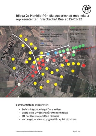 Bilaga 2: Planbild från dialogworkshop med lokala
representanter i Väröbacka/ Bua 2015-01-22
Sammanfattade synpunkter:
- Befolkningsunderlaget finns redan
- Södra cells utveckling får inte förhindras
- Ett nordligt stationsläge förordas
- Varbergstunnelns utbyggnad får ej bli ett hinder
Lokaliseringsstudie station Väröbacka 2015-02-02 Page 31 (33)
 