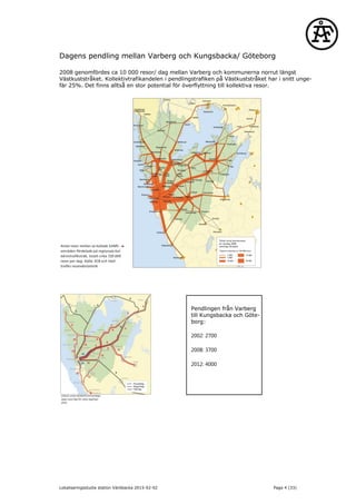 Dagens pendling mellan Varberg och Kungsbacka/ Göteborg
2008 genomfördes ca 10 000 resor/ dag mellan Varberg och kommunerna norrut längst
Västkuststråket. Kollektivtrafikandelen i pendlingstrafiken på Västkuststråket har i snitt unge-
fär 25%. Det finns alltså en stor potential för överflyttning till kollektiva resor.
Pendlingen från Varberg
till Kungsbacka och Göte-
borg:
2002: 2700
2008: 3700
2012: 4000
Lokaliseringsstudie station Väröbacka 2015-02-02 Page 4 (33)
 
