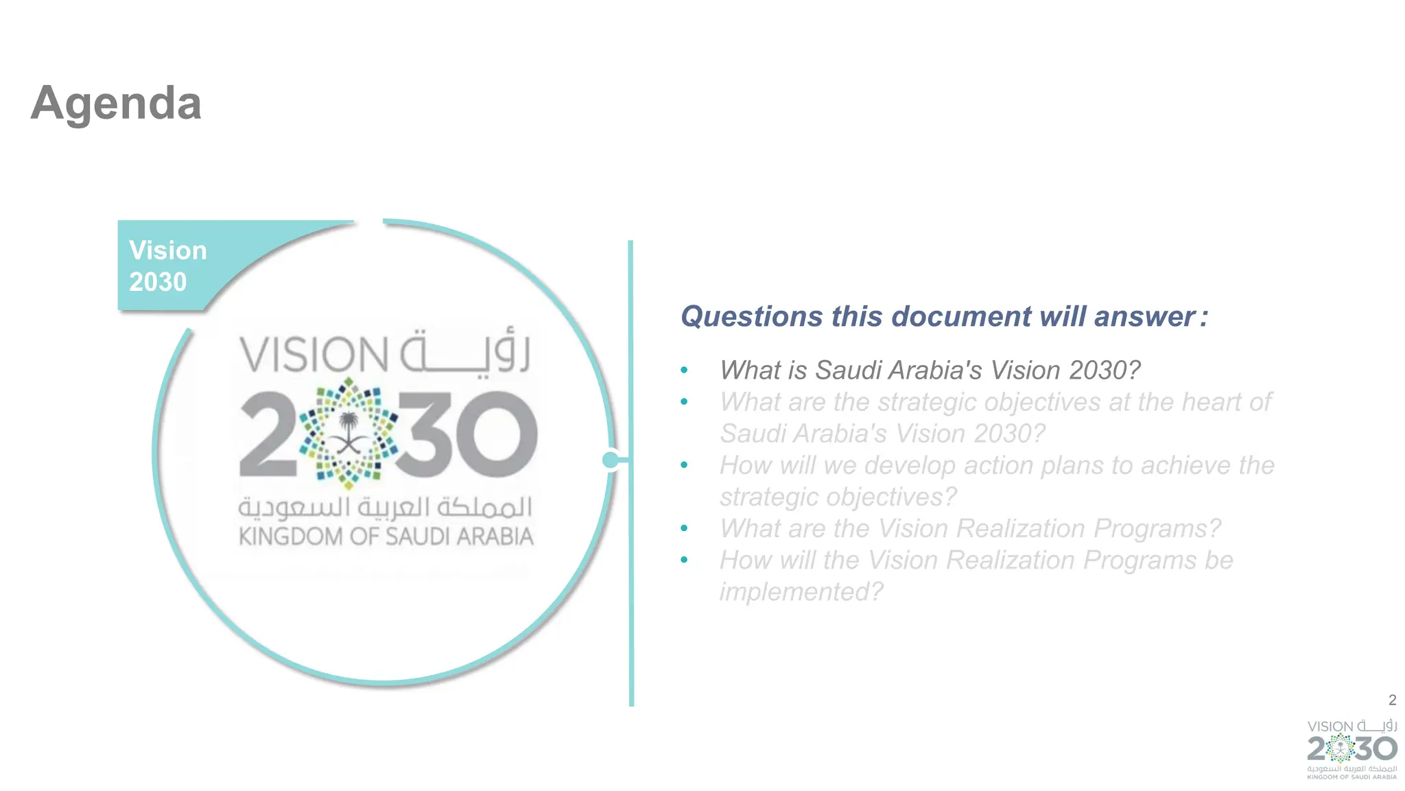 2
Agenda
• What is Saudi Arabia's Vision 2030?
• What are the strategic objectives at the heart of
Saudi Arabia's Vision 2030?
• How will we develop action plans to achieve the
strategic objectives?
• What are the Vision Realization Programs?
• How will the Vision Realization Programs be
implemented?
Vision
2030
Questions this document will answer:
 