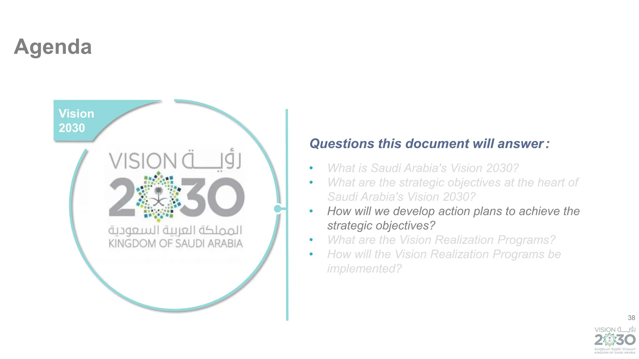 38
Agenda
• What is Saudi Arabia's Vision 2030?
• What are the strategic objectives at the heart of
Saudi Arabia's Vision 2030?
• How will we develop action plans to achieve the
strategic objectives?
• What are the Vision Realization Programs?
• How will the Vision Realization Programs be
implemented?
Vision
2030
Questions this document will answer:
 