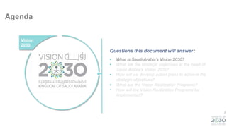 2
Agenda
• What is Saudi Arabia's Vision 2030?
• What are the strategic objectives at the heart of
Saudi Arabia's Vision 2030?
• How will we develop action plans to achieve the
strategic objectives?
• What are the Vision Realization Programs?
• How will the Vision Realization Programs be
implemented?
Vision
2030
Questions this document will answer:
 