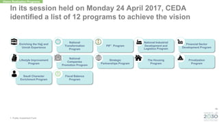 46
In its session held on Monday 24 April 2017, CEDA
identified a list of 12 programs to achieve the vision
PIF1 Program
Enriching the Hajj and
Umrah Experience
Strategic
Partnerships Program
National
Companies
Promotion Program
Lifestyle Improvement
Program
Saudi Character
Enrichment Program
National
Transformation
Program
Fiscal Balance
Program
Financial Sector
Development Program
National Industrial
Development and
Logistics Program
The Housing
Program
Privatization
Program
Vision Realization Programs
1: Public Investment Fund
 