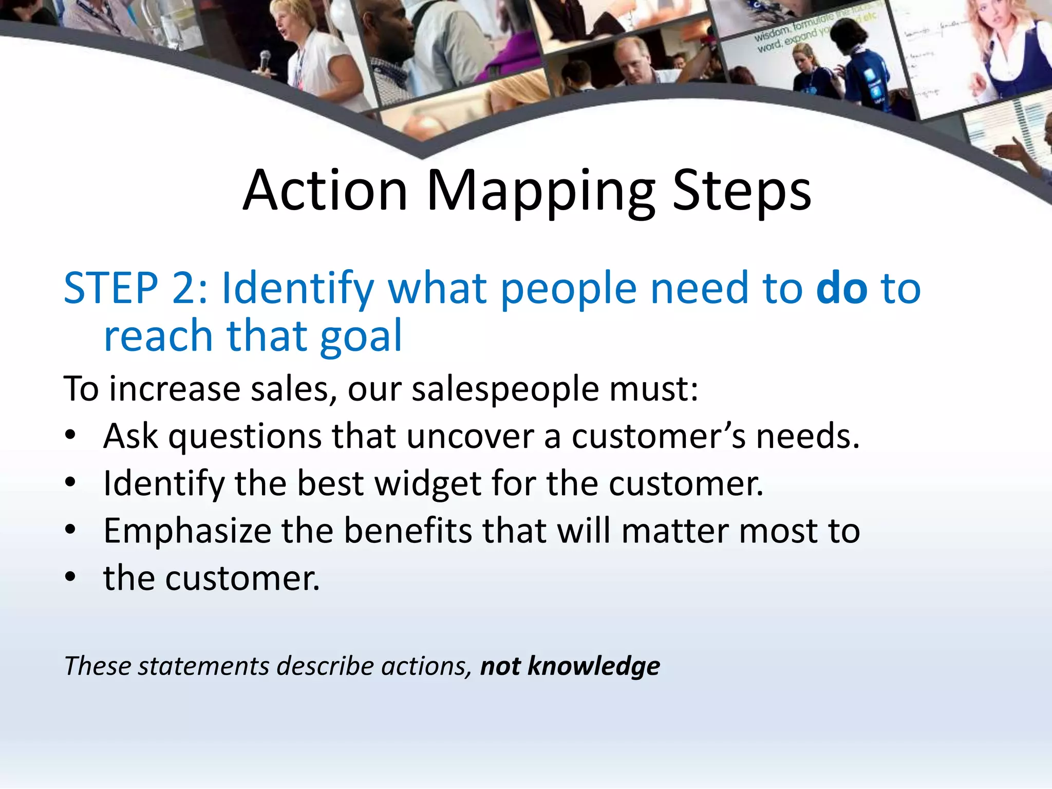 Action Mapping StepsSTEP 2: Identify what people need to do to reach that goal To increase sales, our salespeople must:Ask questions that uncover a customer’s needs.Identify the best widget for the customer.Emphasize the benefits that will matter most tothe customer.These statements describe actions, not knowledge