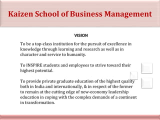 VISION To be a top-class institution for the pursuit of excellence in knowledge through learning and research as well as in character and service to humanity. To INSPIRE students and employees to strive toward their highest potential. To provide private graduate education of the highest quality both in India and internationally, & in respect of the former to remain at the cutting edge of new-economy leadership education in coping with the complex demands of a continent in transformation. Kaizen School of Business Management 