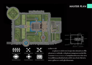 MASTER PLAN
แนวคิดการวางผัง
	 จากรูปแบบการวางผังปราสาท นำ�มาสู่การจัดวางผังของตัวอาคารที่ยึด
รูปแบบตามการวางผังในอดีต การดึงรูปแบบความสมดุลของธรรมชาติมาใช้ใน
การออกแบบ Simetical Balance ความสมดุลโดยองค์ประกอบการจัดวางส่วน
ประกอบที่มีลักษณะเหมือนคือคล้ายกันรวมไปถึง ขนาด น้ำ�หนัก ทั้งด้านซ้าย
และขวา ดูเป็นทางการ สงบนิ่ง ดูมีระเบียบแบบแผนAsymmetical Balance
Symmetical BalanceSymmetical BalanceSymmetical Balance
Symmetical Balance Symmetical Balance
 