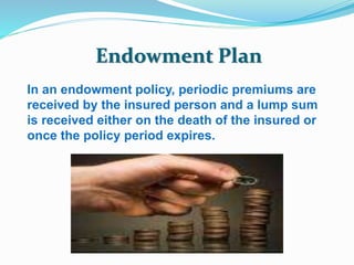 Endowment Plan 
In an endowment policy, periodic premiums are 
received by the insured person and a lump sum 
is received either on the death of the insured or 
once the policy period expires. 
 