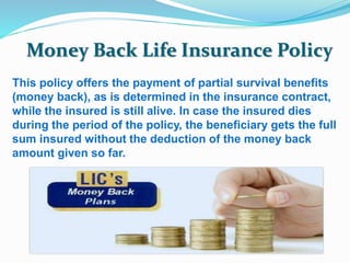 Money Back Life Insurance Policy 
This policy offers the payment of partial survival benefits 
(money back), as is determined in the insurance contract, 
while the insured is still alive. In case the insured dies 
during the period of the policy, the beneficiary gets the full 
sum insured without the deduction of the money back 
amount given so far. 
 