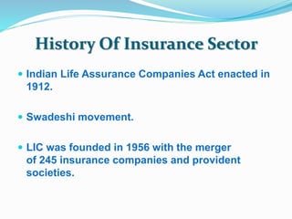 History Of Insurance Sector 
 Indian Life Assurance Companies Act enacted in 
1912. 
 Swadeshi movement. 
 LIC was founded in 1956 with the merger 
of 245 insurance companies and provident 
societies. 
 