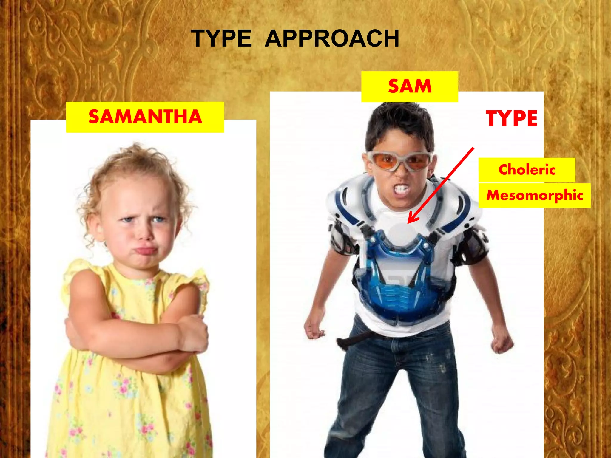 SAM
SAMANTHA TYPE
Choleric
Mesomorphic
TYPE APPROACH
 