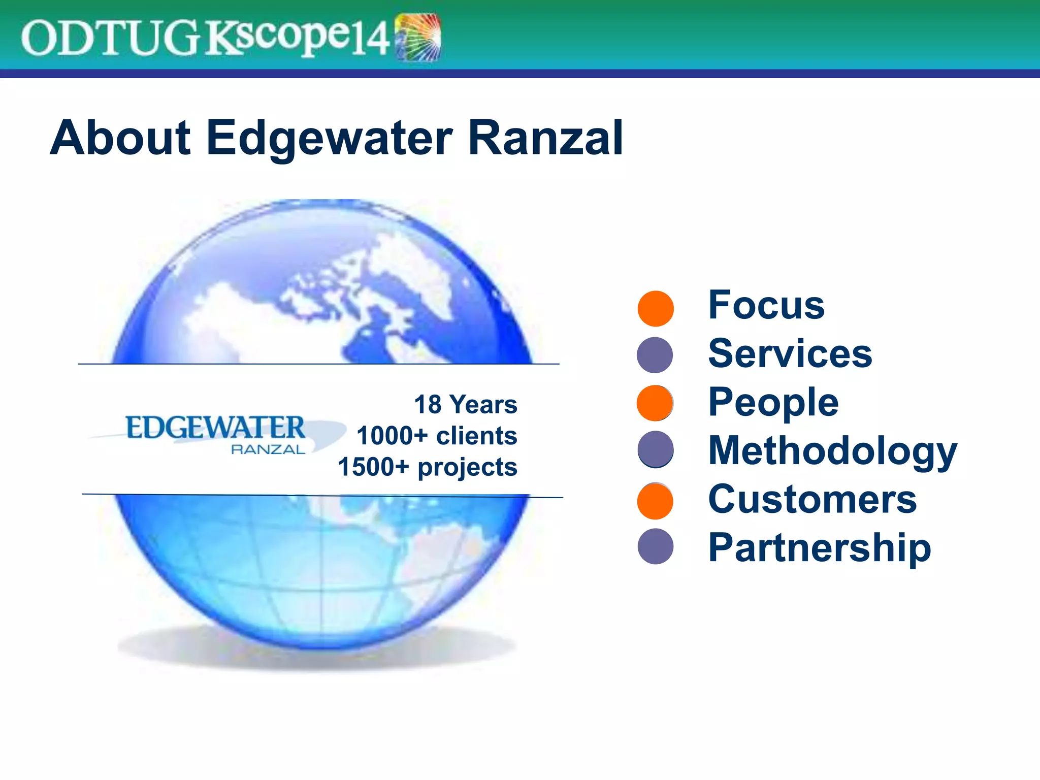 Focus
Services
People
Methodology
Customers
Partnership
18 Years
1000+ clients
1500+ projects
About Edgewater Ranzal
 