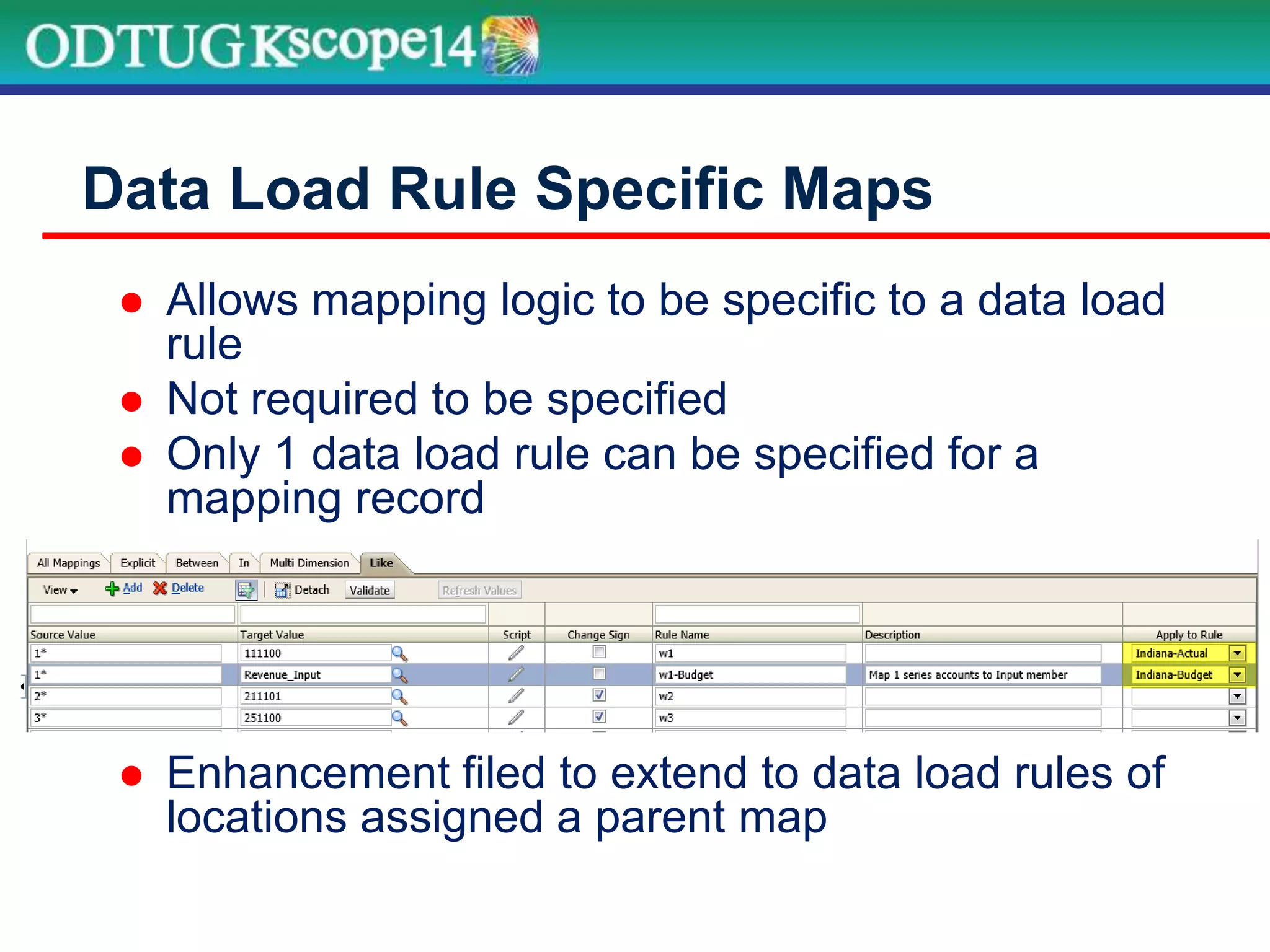  Allows mapping logic to be specific to a data load
rule
 Not required to be specified
 Only 1 data load rule can be specified for a
mapping record
 Enhancement filed to extend to data load rules of
locations assigned a parent map
Data Load Rule Specific Maps
 