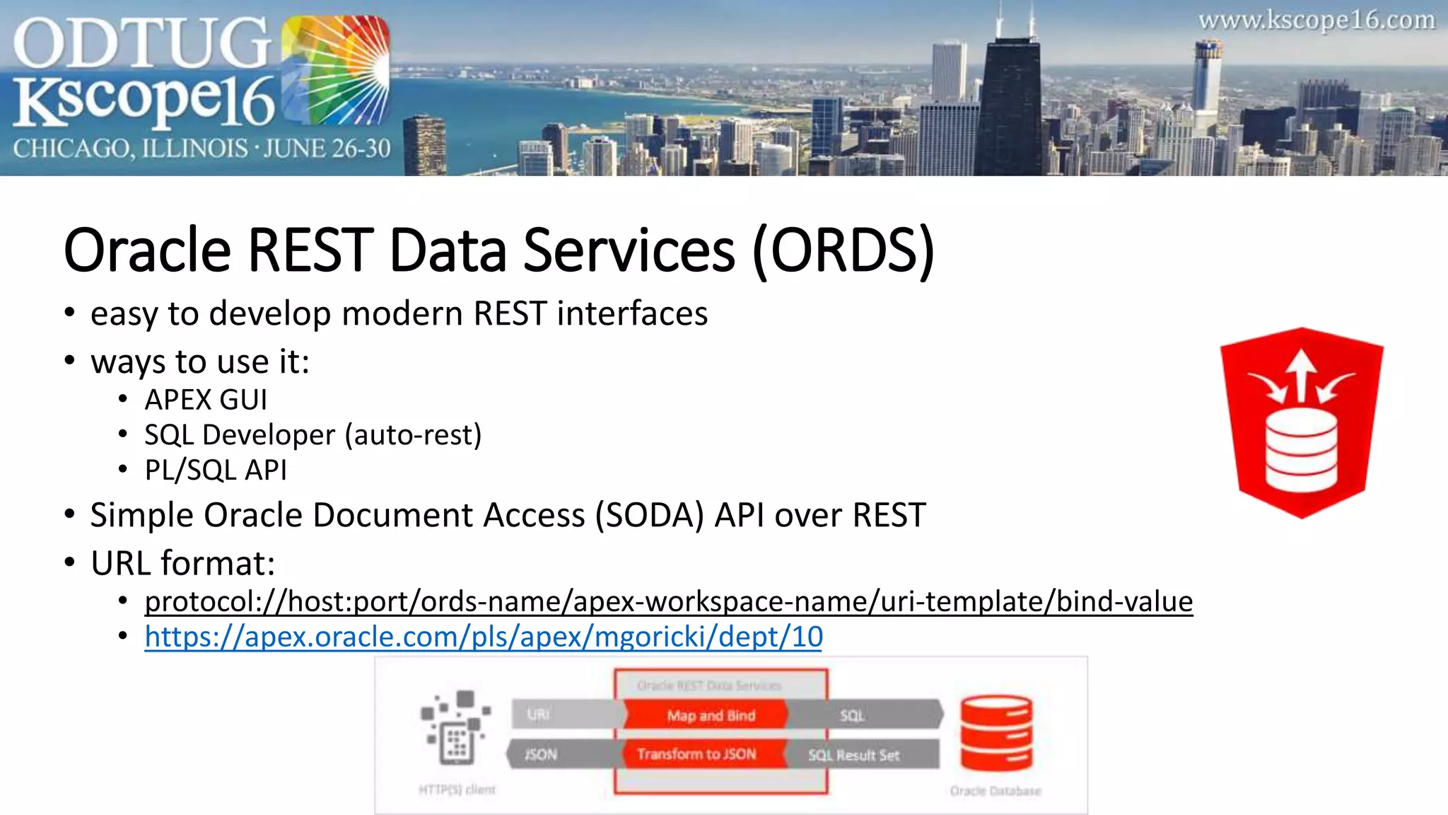 Oracle REST Data Services (ORDS)
• easy to develop modern REST interfaces
• ways to use it:
• APEX GUI
• SQL Developer (auto-rest)
• PL/SQL API
• Simple Oracle Document Access (SODA) API over REST
• URL format:
• protocol://host:port/ords-name/apex-workspace-name/uri-template/bind-value
• https://apex.oracle.com/pls/apex/mgoricki/dept/10
 