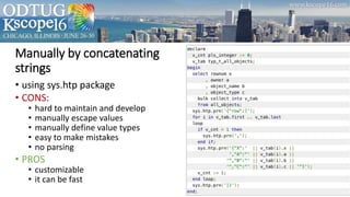 Manually by concatenating
strings
• using sys.htp package
• CONS:
• hard to maintain and develop
• manually escape values
• manually define value types
• easy to make mistakes
• no parsing
• PROS
• customizable
• it can be fast
 