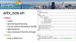 APEX_JSON API
• PROS:
• native
• generating and parsing
• can be used as standalone (CLOB)
• light footprint
• easy conversion from/to xmltype
• CONS:
• only in APEX 5.0+
 