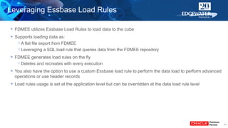 24
FDMEE utilizes Essbase Load Rules to load data to the cube
Supports loading data as:
A flat file export from FDMEE
Leve...