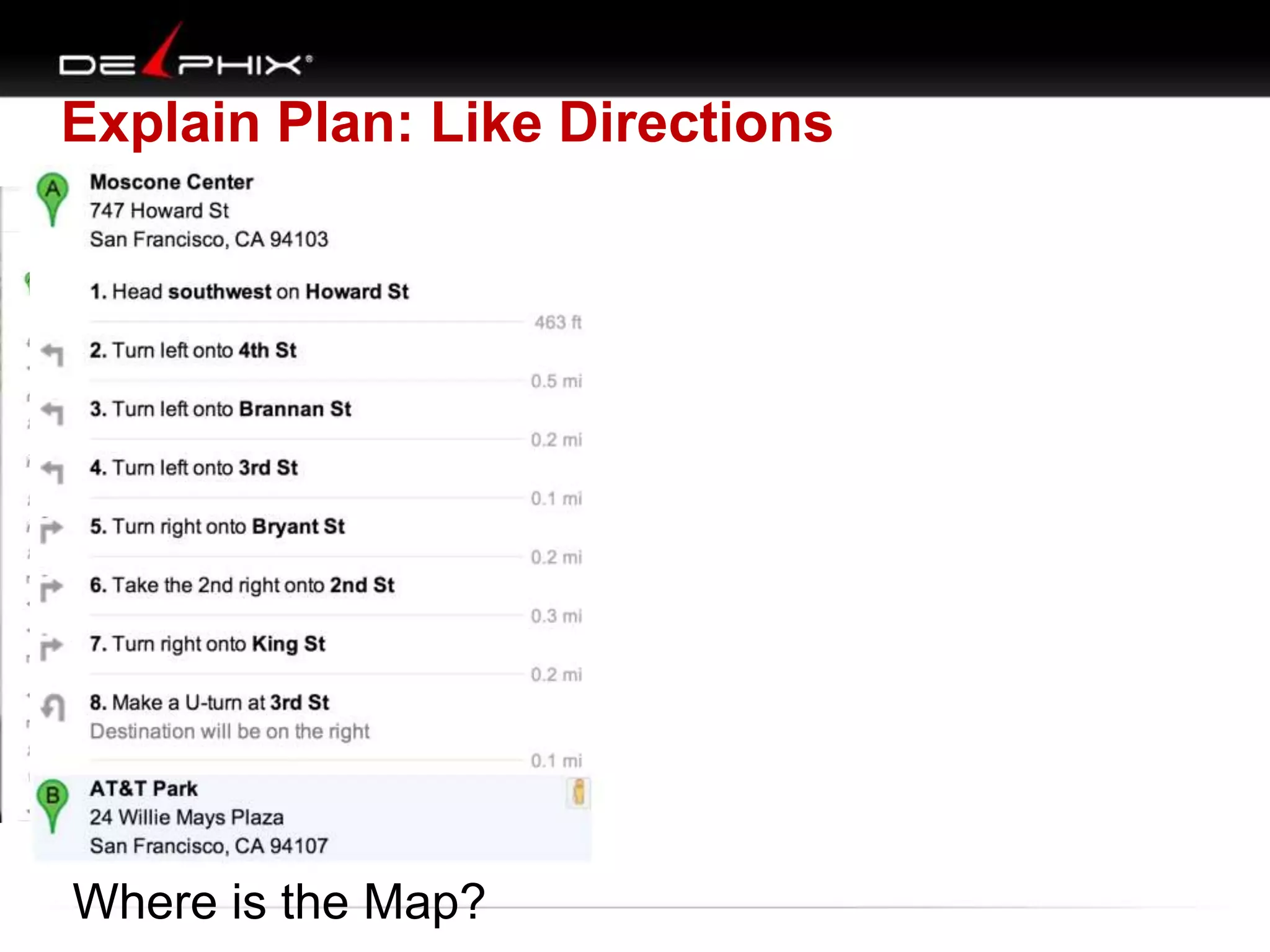 Explain Plan: Like Directions
Where is the Map?
 