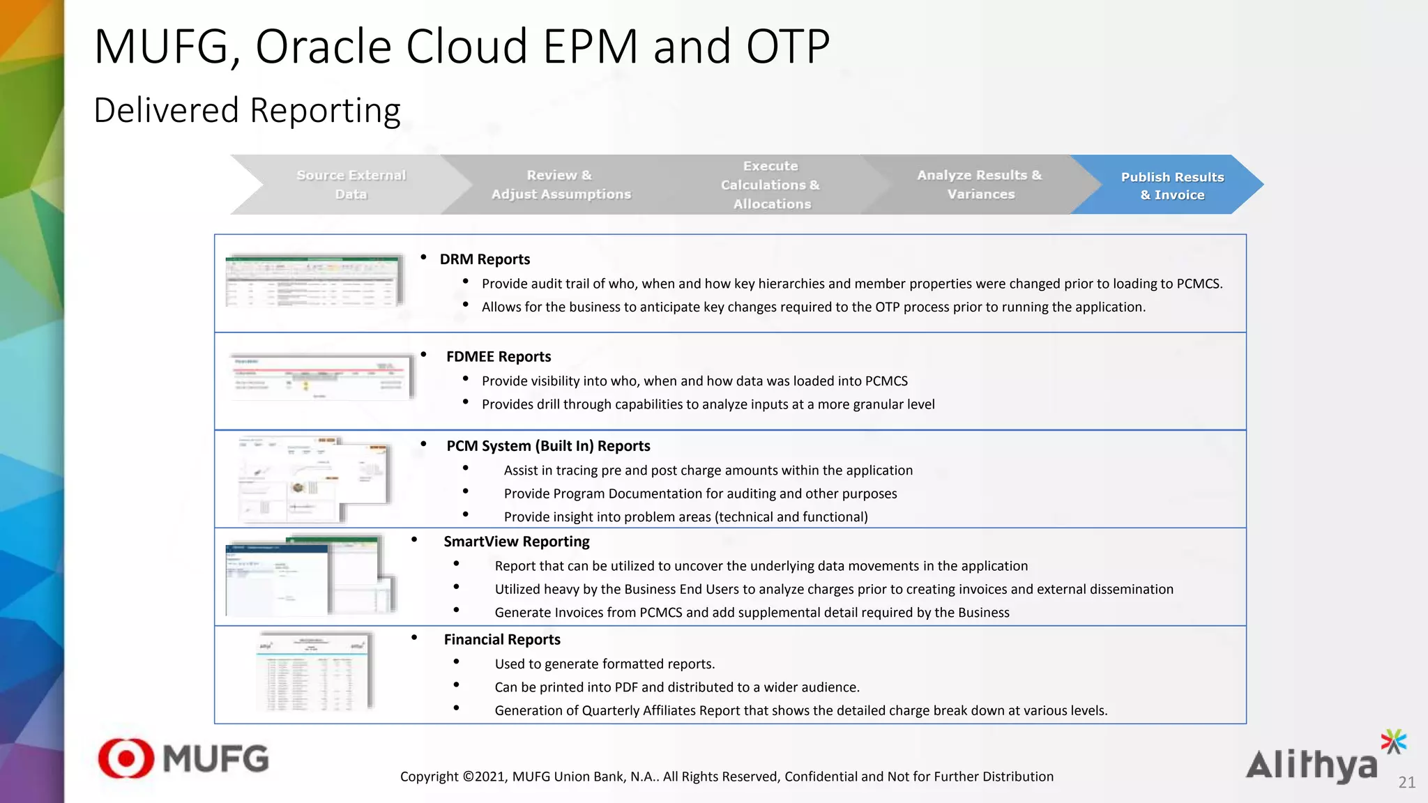 MUFG, Oracle Cloud EPM and OTP
Delivered Reporting
• DRM Reports
• Provide audit trail of who, when and how key hierarchies and member properties were changed prior to loading to PCMCS.
• Allows for the business to anticipate key changes required to the OTP process prior to running the application.
• FDMEE Reports
• Provide visibility into who, when and how data was loaded into PCMCS
• Provides drill through capabilities to analyze inputs at a more granular level
• PCM System (Built In) Reports
• Assist in tracing pre and post charge amounts within the application
• Provide Program Documentation for auditing and other purposes
• Provide insight into problem areas (technical and functional)
• Financial Reports
• Used to generate formatted reports.
• Can be printed into PDF and distributed to a wider audience.
• Generation of Quarterly Affiliates Report that shows the detailed charge break down at various levels.
• SmartView Reporting
• Report that can be utilized to uncover the underlying data movements in the application
• Utilized heavy by the Business End Users to analyze charges prior to creating invoices and external dissemination
• Generate Invoices from PCMCS and add supplemental detail required by the Business
Publish Results
& Invoice
21
Copyright ©2021, MUFG Union Bank, N.A.. All Rights Reserved, Confidential and Not for Further Distribution
 
