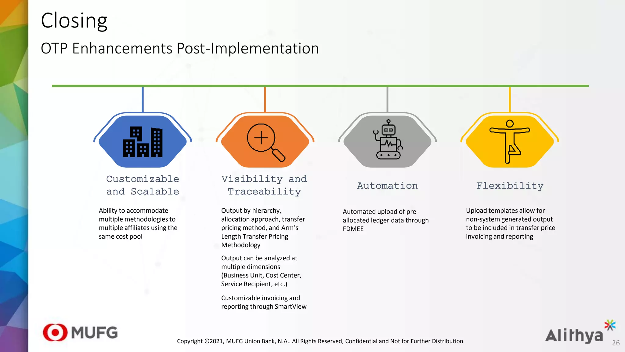 Closing
OTP Enhancements Post-Implementation
Flexibility
Upload templates allow for
non-system generated output
to be included in transfer price
invoicing and reporting
Automation
Automated upload of pre-
allocated ledger data through
FDMEE
Visibility and
Traceability
Output by hierarchy,
allocation approach, transfer
pricing method, and Arm’s
Length Transfer Pricing
Methodology
Output can be analyzed at
multiple dimensions
(Business Unit, Cost Center,
Service Recipient, etc.)
Customizable invoicing and
reporting through SmartView
Customizable
and Scalable
Ability to accommodate
multiple methodologies to
multiple affiliates using the
same cost pool
26
Copyright ©2021, MUFG Union Bank, N.A.. All Rights Reserved, Confidential and Not for Further Distribution
 