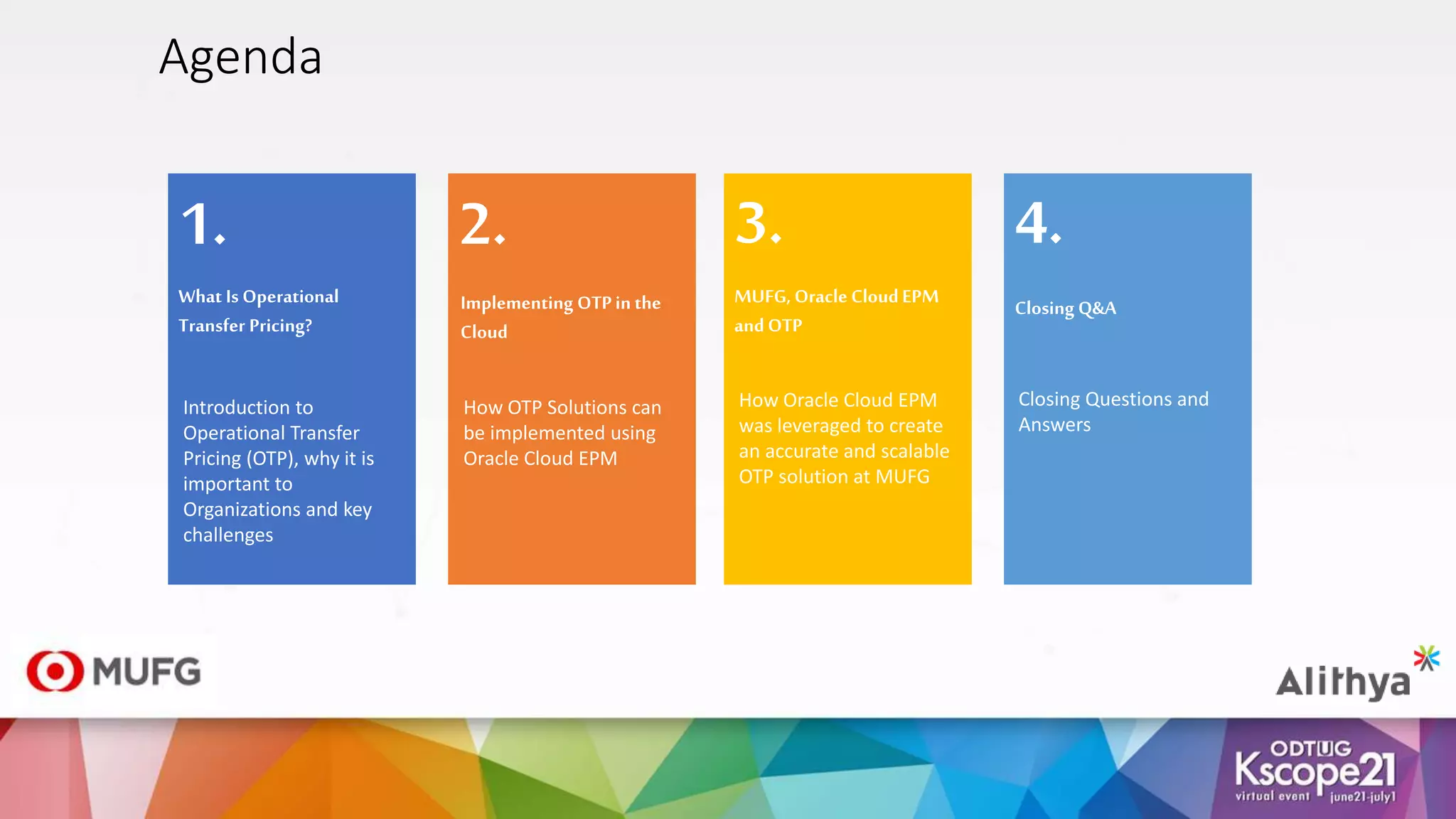 Agenda
1.
What Is Operational
Transfer Pricing?
Introduction to
Operational Transfer
Pricing (OTP), why it is
important to
Organizations and key
challenges
2.
Implementing OTPin the
Cloud
How OTP Solutions can
be implemented using
Oracle Cloud EPM
4.
Closing Q&A
Closing Questions and
Answers
3.
MUFG, Oracle CloudEPM
andOTP
How Oracle Cloud EPM
was leveraged to create
an accurate and scalable
OTP solution at MUFG
 