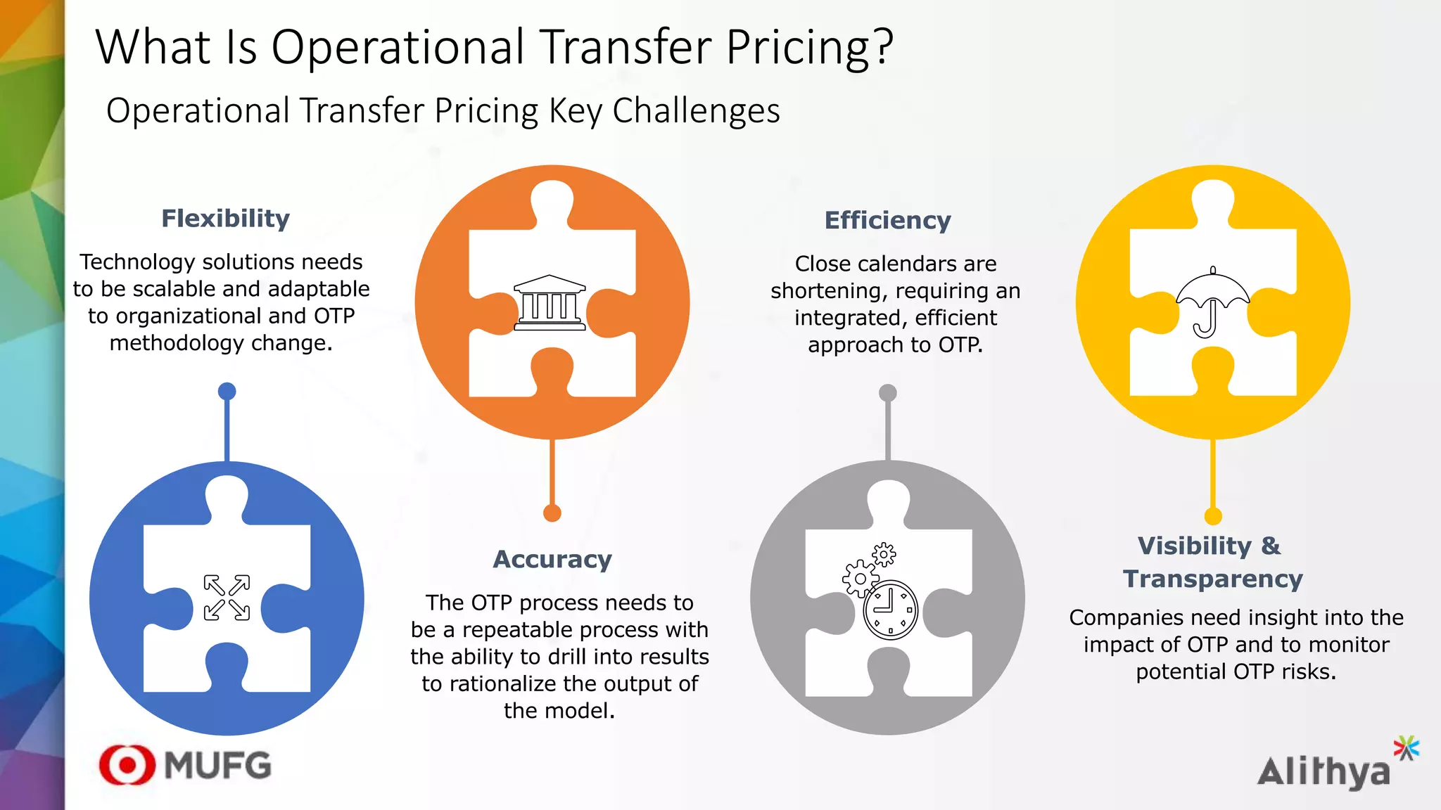 What Is Operational Transfer Pricing?
Operational Transfer Pricing Key Challenges
The OTP process needs to
be a repeatable process with
the ability to drill into results
to rationalize the output of
the model.
Accuracy
Companies need insight into the
impact of OTP and to monitor
potential OTP risks.
Visibility &
Transparency
Technology solutions needs
to be scalable and adaptable
to organizational and OTP
methodology change.
Flexibility
Close calendars are
shortening, requiring an
integrated, efficient
approach to OTP.
Efficiency
 
