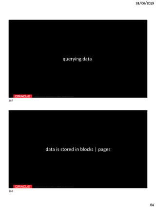 24/06/2019
84
Copyright © 2018, Oracle and/or its affiliates. All rights reserved.
querying data
Copyright © 2018, Oracle and/or its affiliates. All rights reserved.
data is stored in blocks | pages
167
168
 